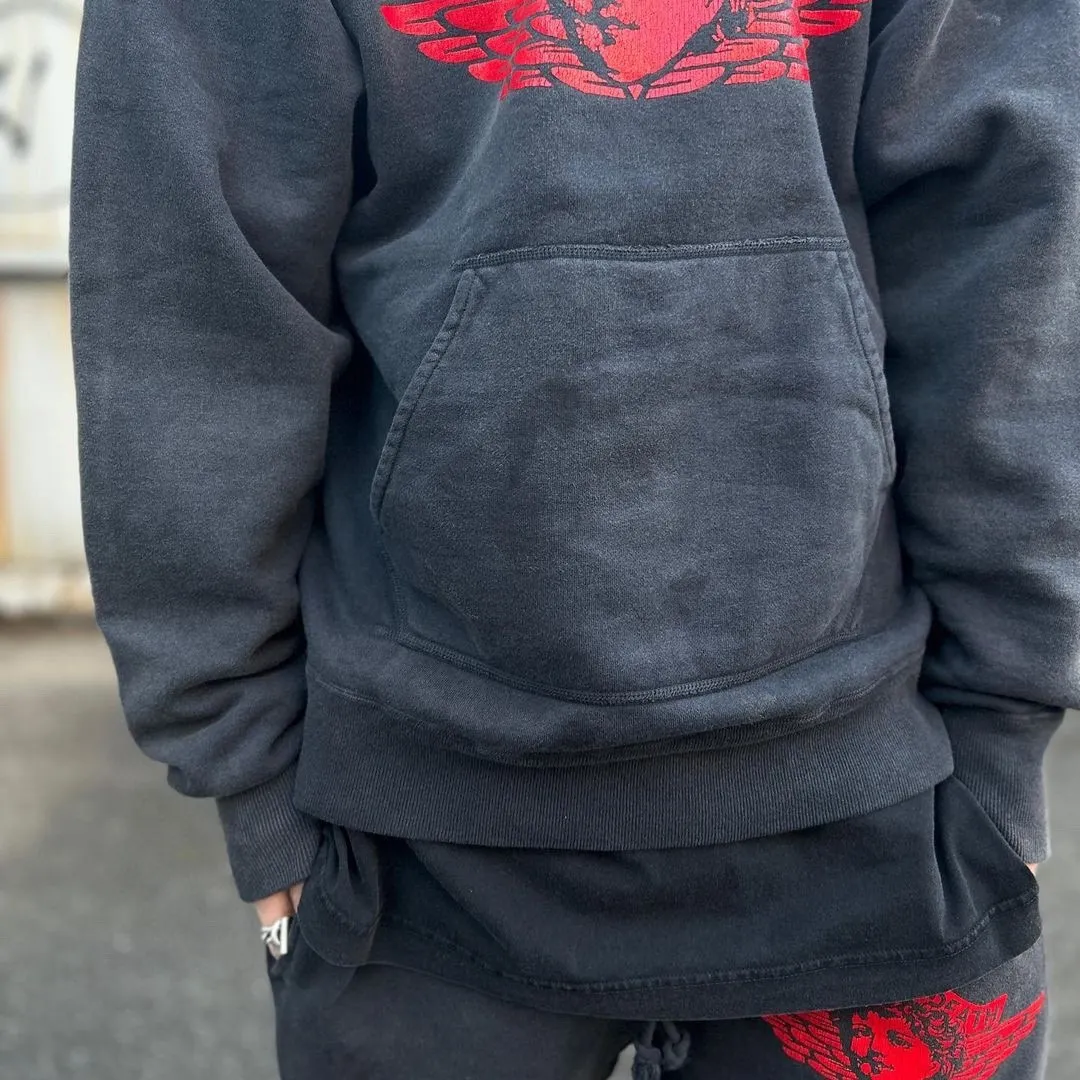 SAINT Mxxxxxx ANGEL HOODIE/BLK Angel Rebirth Crack Printed Retro Distressed Hoodie Assute dyeing, full-length spray-on fade, heavy fermentation wash, NEW VINTAGE texture, factory four-needle and six-thread workmanship, boneless patchwork, more comfortable to wear, genuine level crack print/accessories restored
